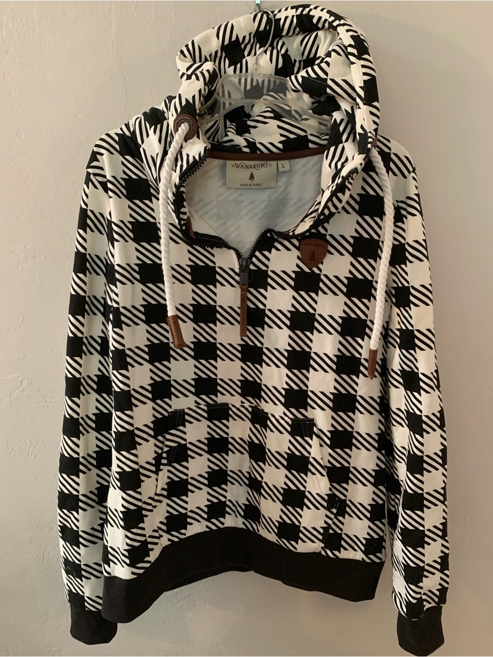 Wanakome Black & White Plaid Half-Zip Hoodie Cozy no flaw L